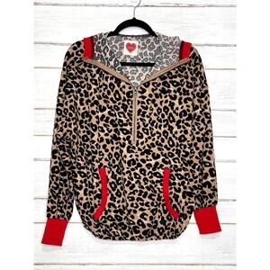 LovLov Leopard Print Quarter Zip Hoodie Red Trim Size Small